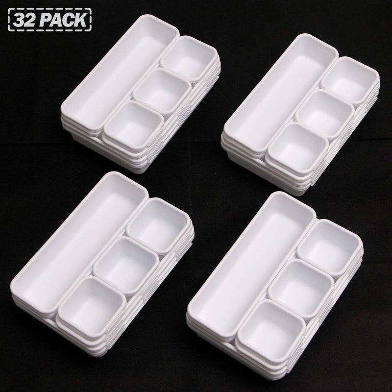 TENABORT Set of 32 Interlocking Desk Drawer Organizer Tray Dividers Plastic Shallow Narrow Drawers Organizers Separators Storage Bins Container for Kitchen Bathroom Makeup Office Vanity Bedroom Dresser White - Image 4